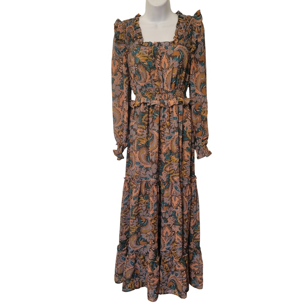 Fate S Maxi‎ Dress Blue Paisley Smocked Tiered Metallic Gold Boho Hippie Modest
